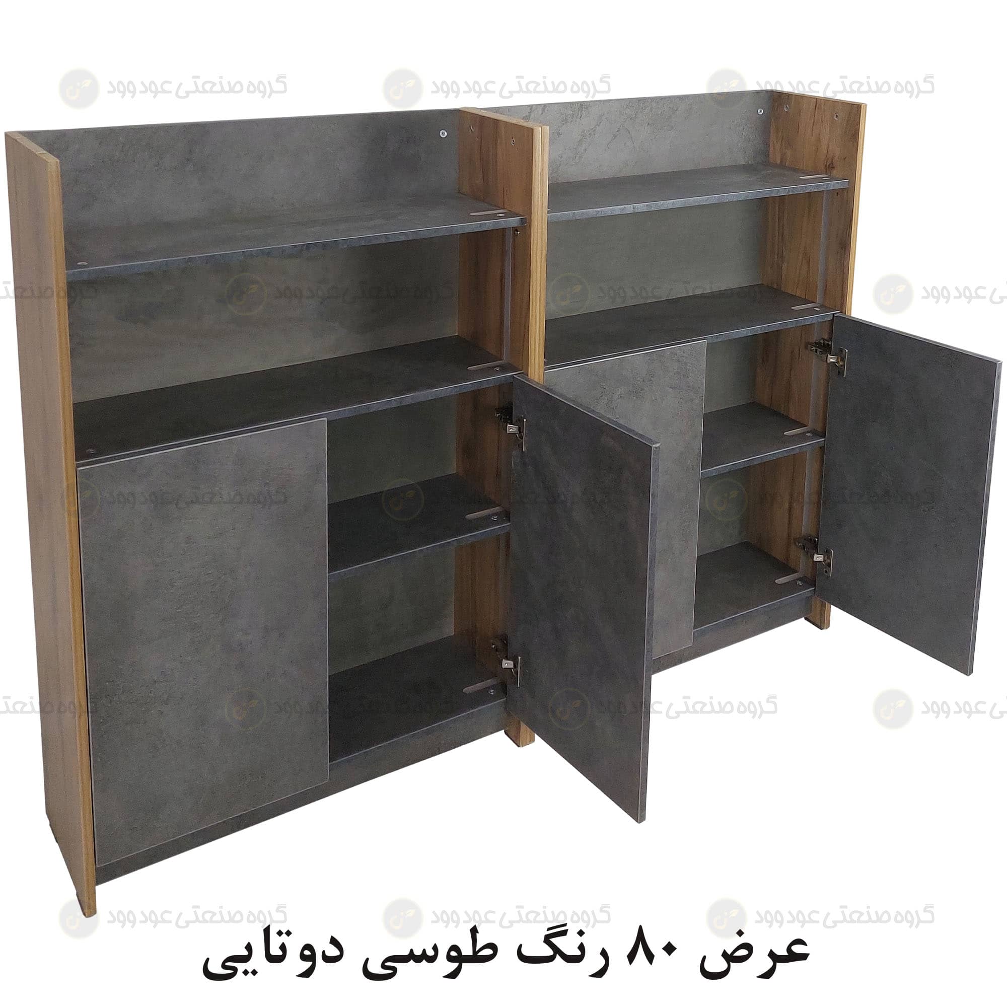 کتابخانه پازلی درب دار دوتایی از نمای کنار حالت درب باز