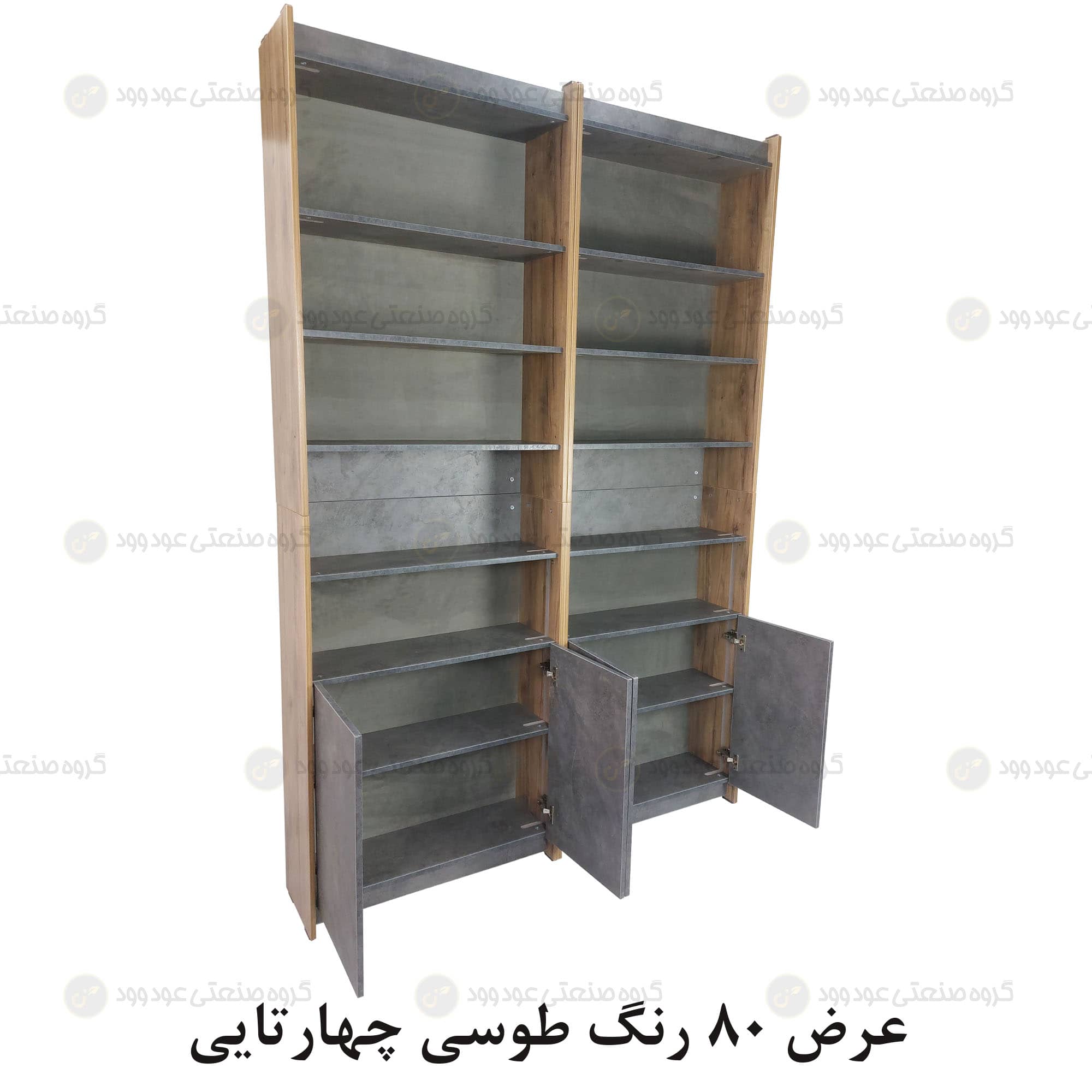کتابخانه پازلی درب دار چهارتایی از نمای کنار حالت درب باز